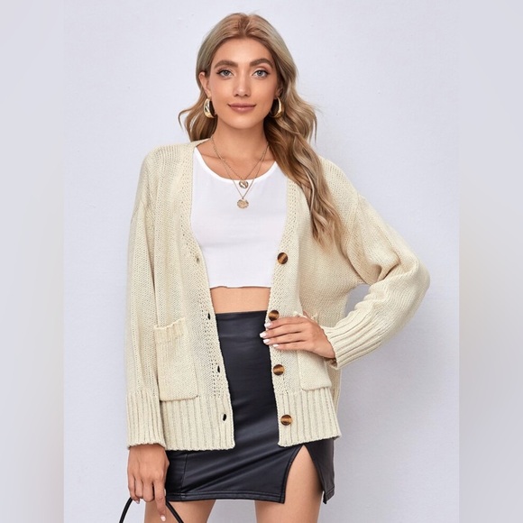 Button Front Patch Pocket Drop Shoulder Cardigan. Cream. Size Large. - Picture 2 of 15